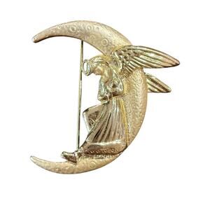 Vintage Danecraft Guardian Angel Resting on the Moon Brooch Gold Tone